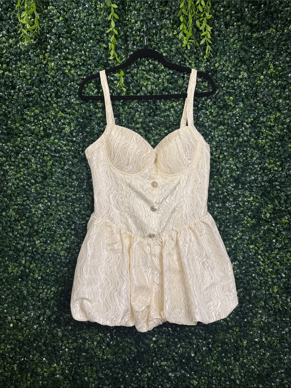 Cream Lace-Texture Bustier Romper with Decorative Buttons